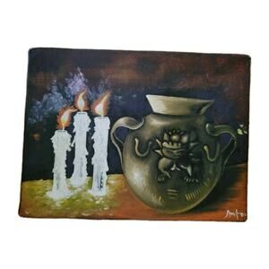 Still Life Burning Candles Spooky painting on canvas Haloween Signed By Artist